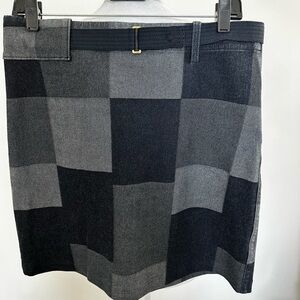 Denim skirt with light and dark square design with side zipper and soft belt